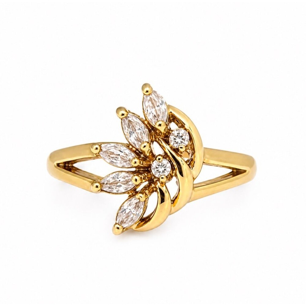 Vintage 1970s Ring Size 7 CZ Cluster Marquise Prong Set Gold Plated - 14I